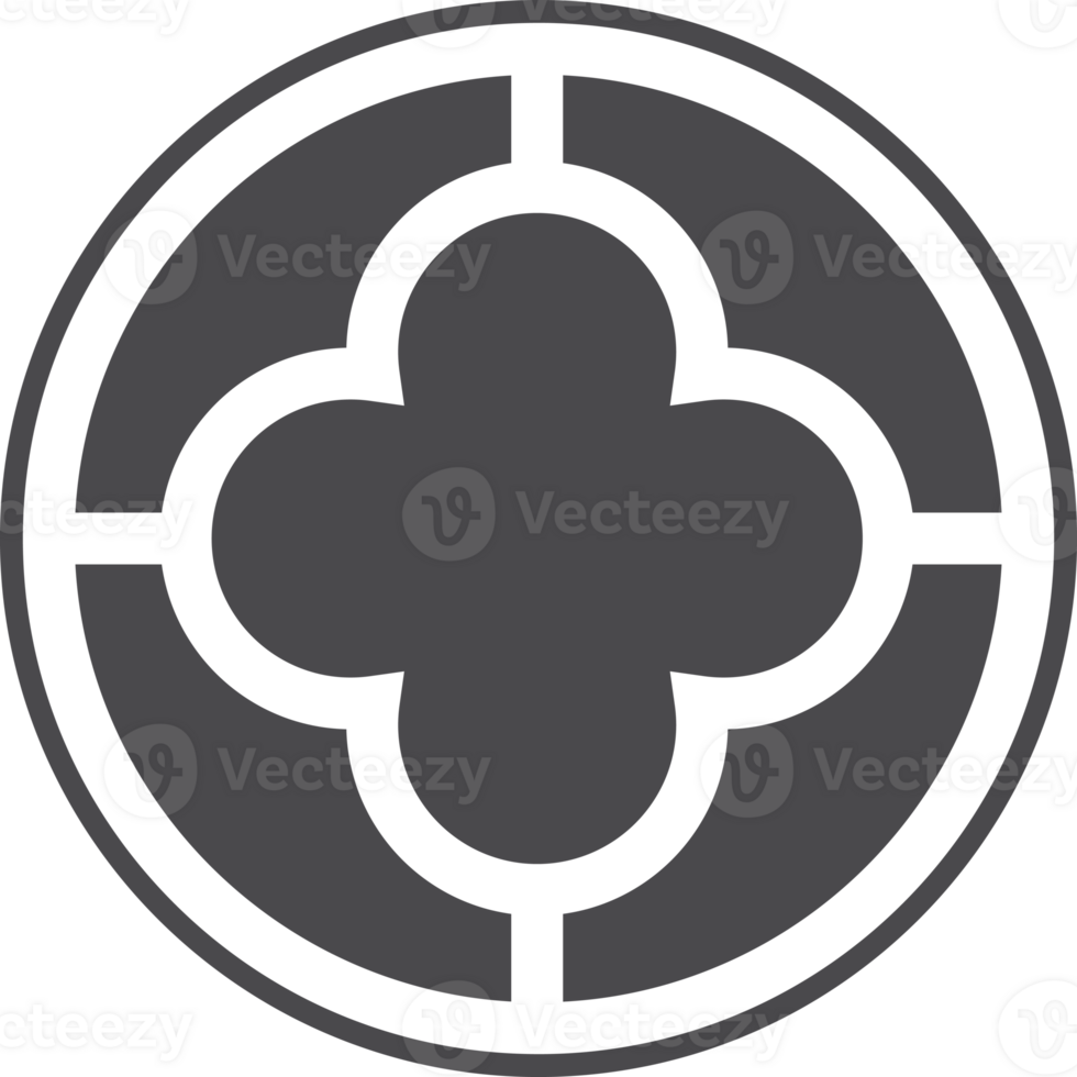 Gothic circle rose window with medieval ornament. Silhouette of cathedral rosette. Radial frame. Christian architecture element with stained glass. png