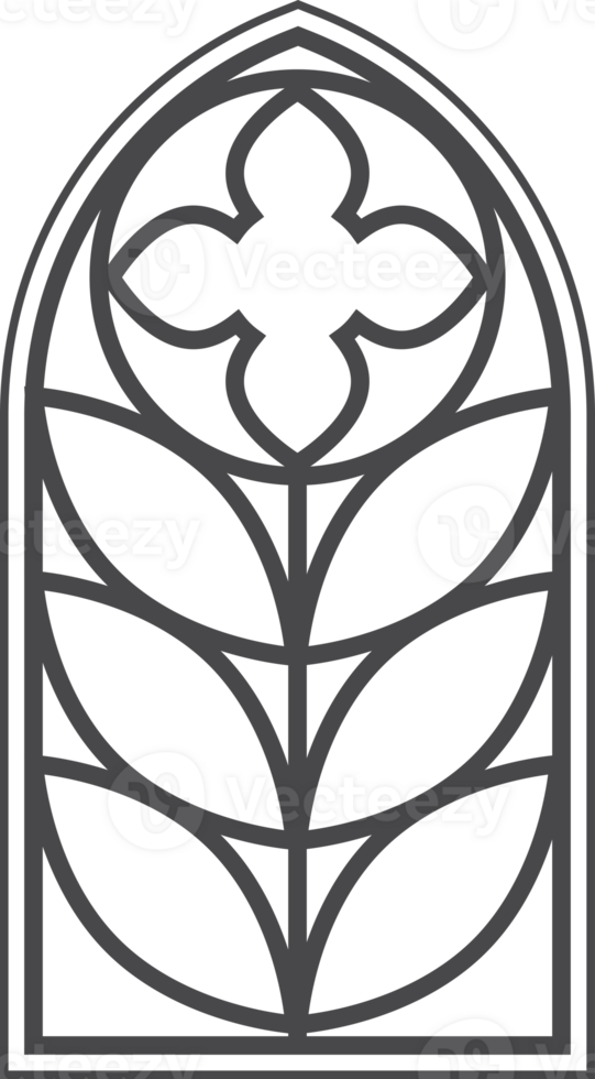 Gothic church window with arched frame and stained glass. Medieval vintage silhouette of cathedral decoration geometric floral ornament. Christian chapel interior with antique engravings. png