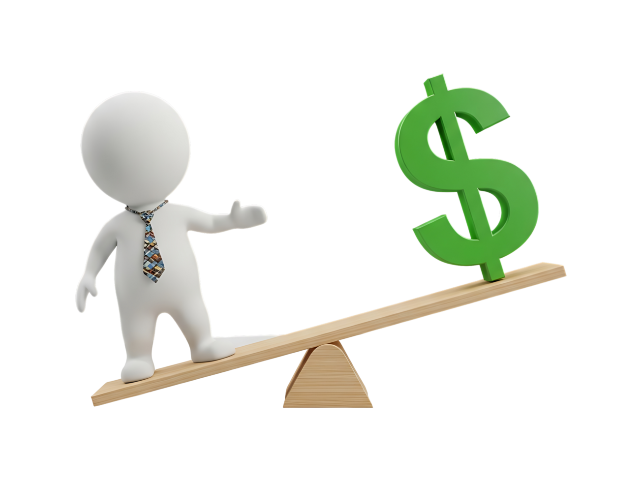3D Business Character on Seesaw with Dollar Sign Representing Financial Balance Isolated on Transparent Background png