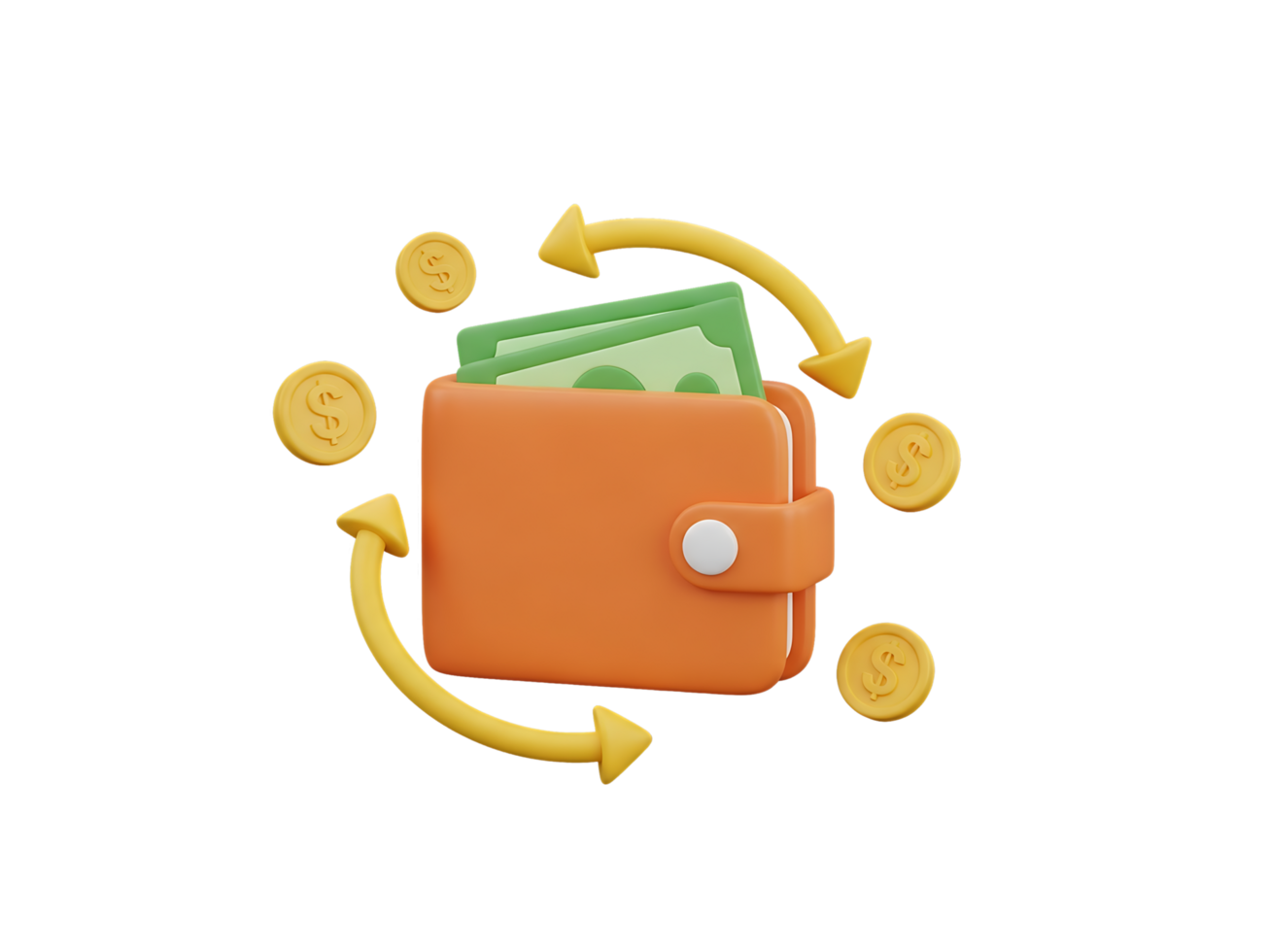 3D Orange Wallet with Cash, Coins, and Circular Arrows for Money Transaction Concept Isolated on Transparent Background png