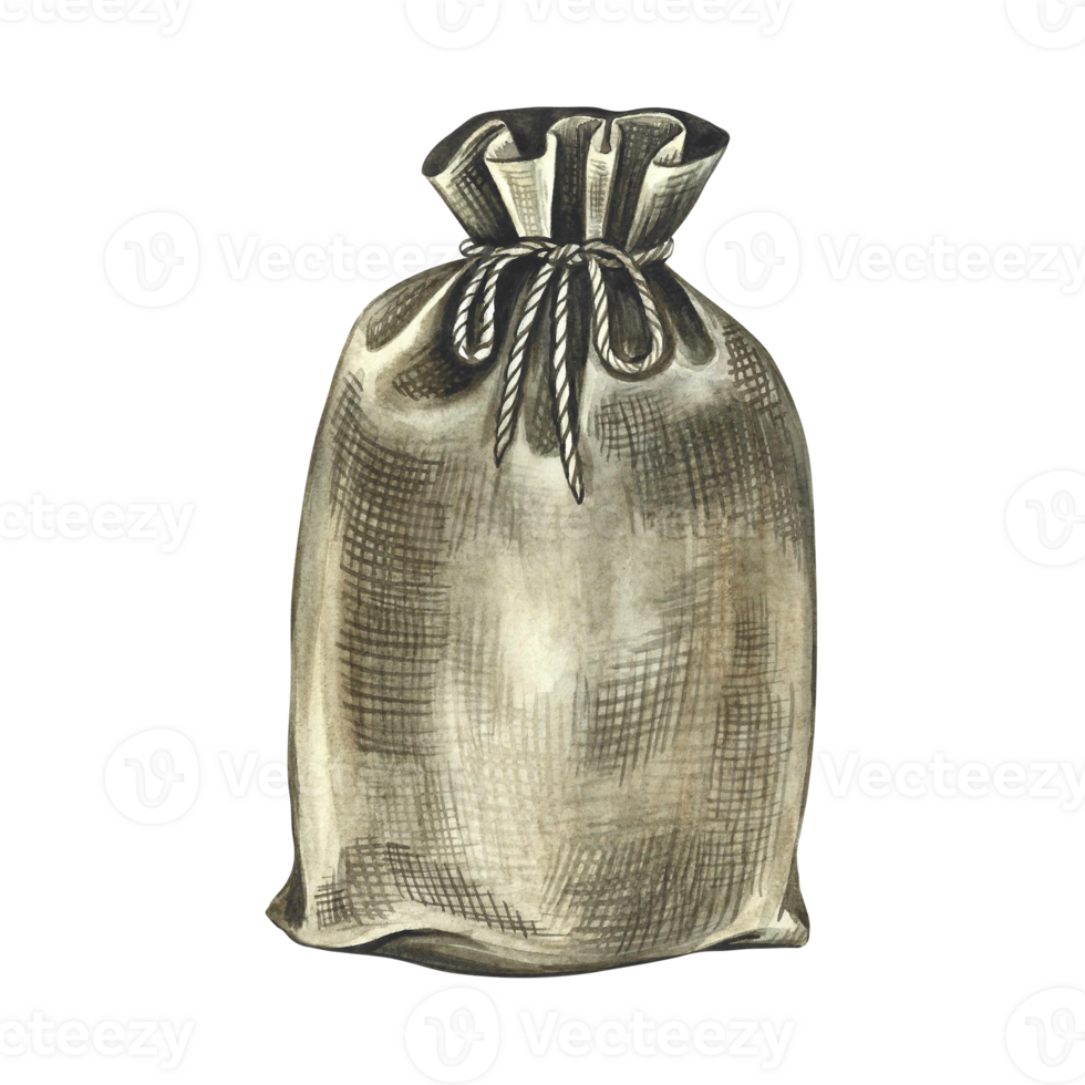 A filled canvas bag tied with a rope. A hand-drawn watercolor illustration. Design element for banners, flyers, packaging, labels, and more. png