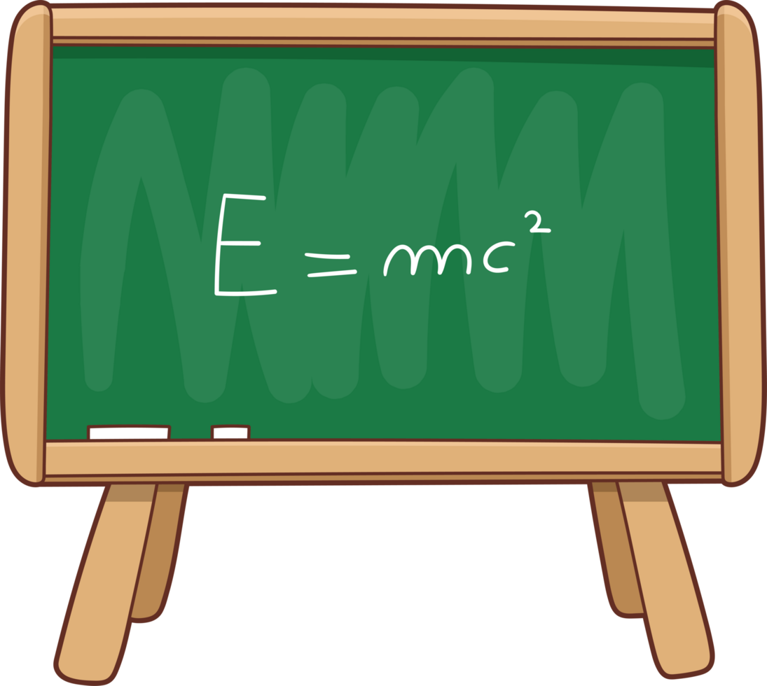 Cartoon drawing of a blackboard with the equation E mc 2 written on it. png