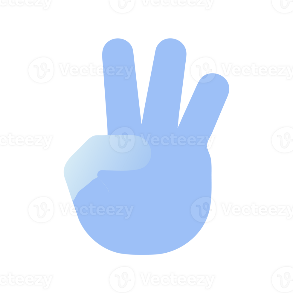 Light blue hand showing three fingers raised gesture isolated on transparent background png