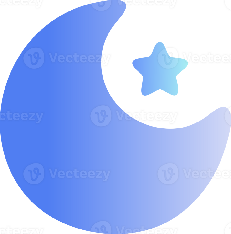 Stylized crescent moon and star with blue gradient isolated on transparent background png