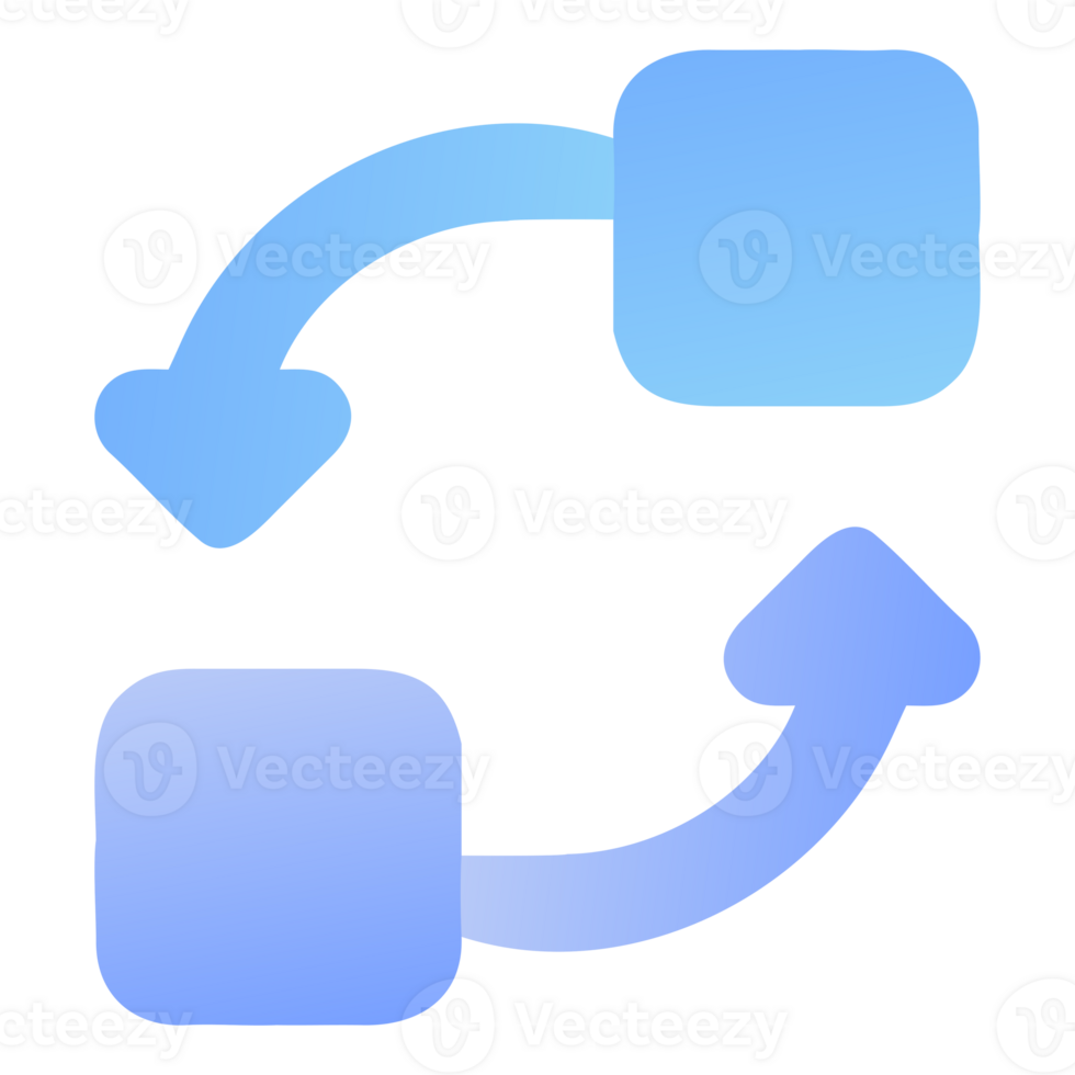 Two blue rounded squares connected by curved arrows in a circular motion isolated on transparent background png