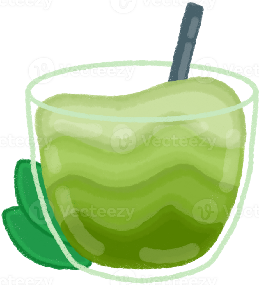 Iced Matcha Latte in Clear Glass with Green Leaves Hand Drawn Illustration png