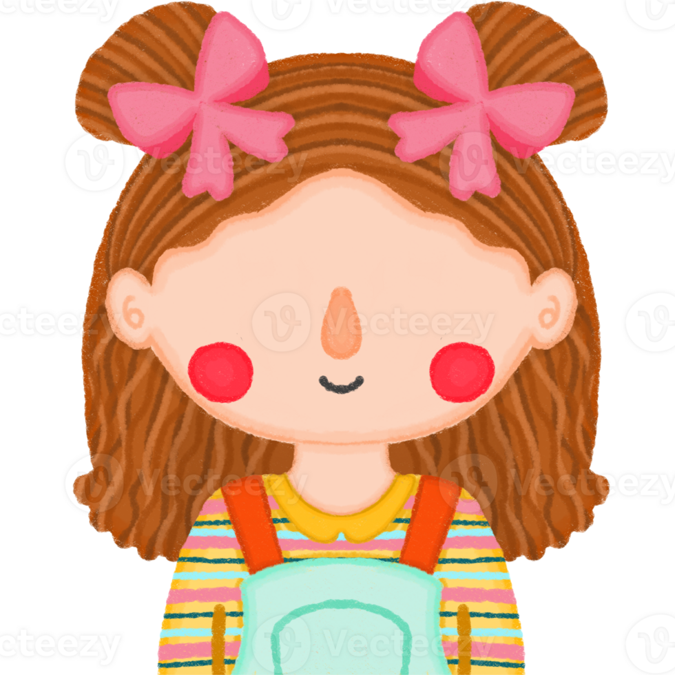 Cheerful girl with two pink bow buns and rainbow striped outfit wearing yellow-collared overalls Faceless png