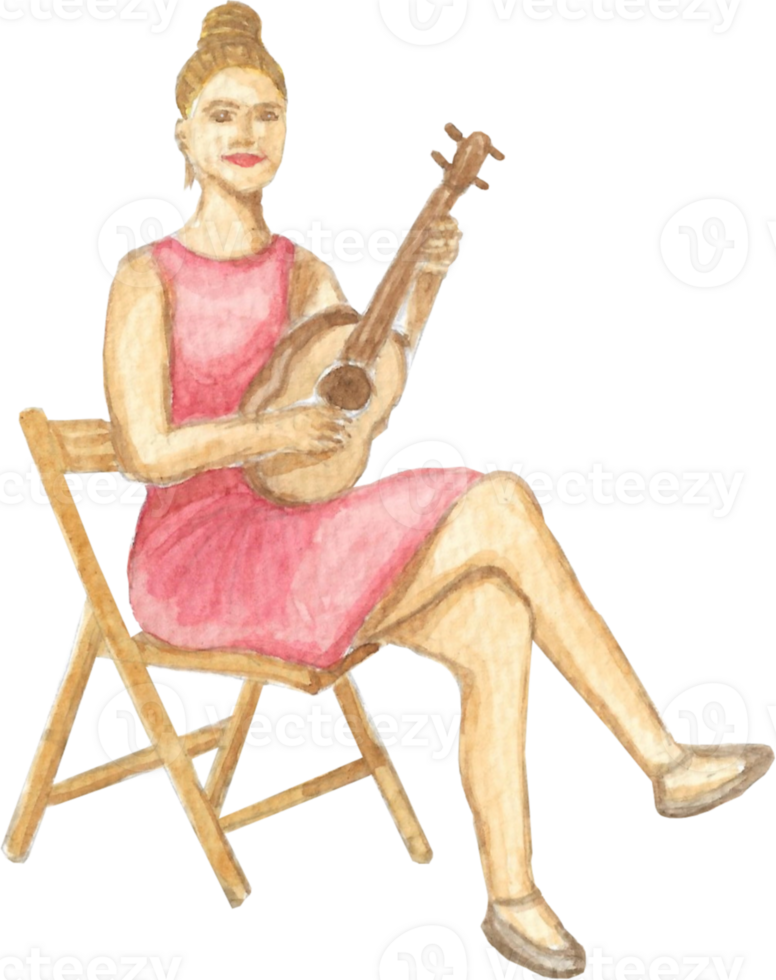A Ukulele Girl is painted by hands with watercolor in real fine art style png
