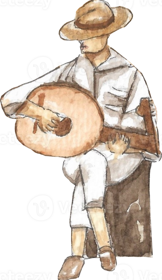 A mandolin player is painted by hands with watercolor in real fine art style png