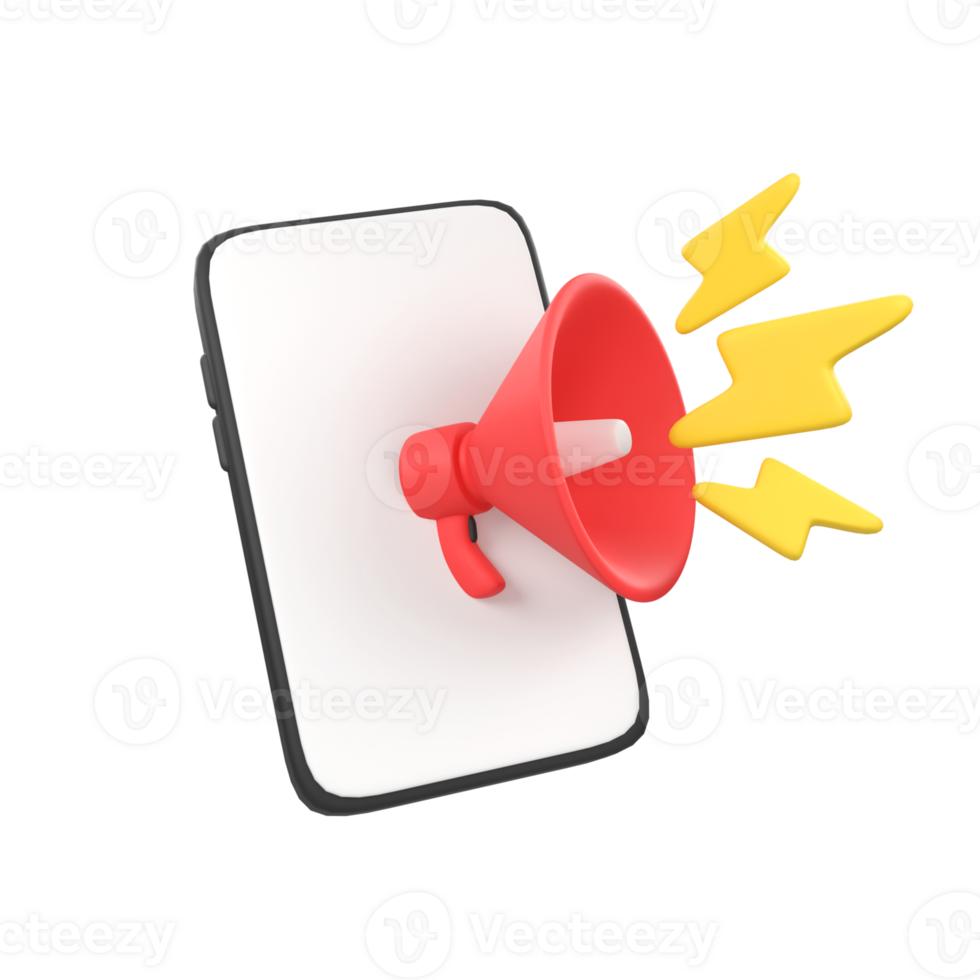 Megaphone loudspeaker with mobile phone warning isolated 3d render icon illustration png