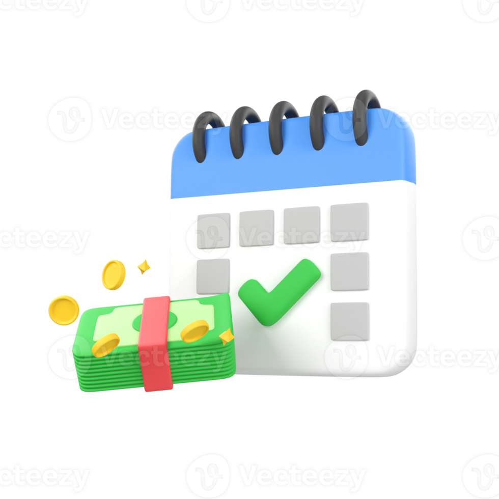 Calendar checklist with banknotes and gold coins isolated 3d render icon illustration png