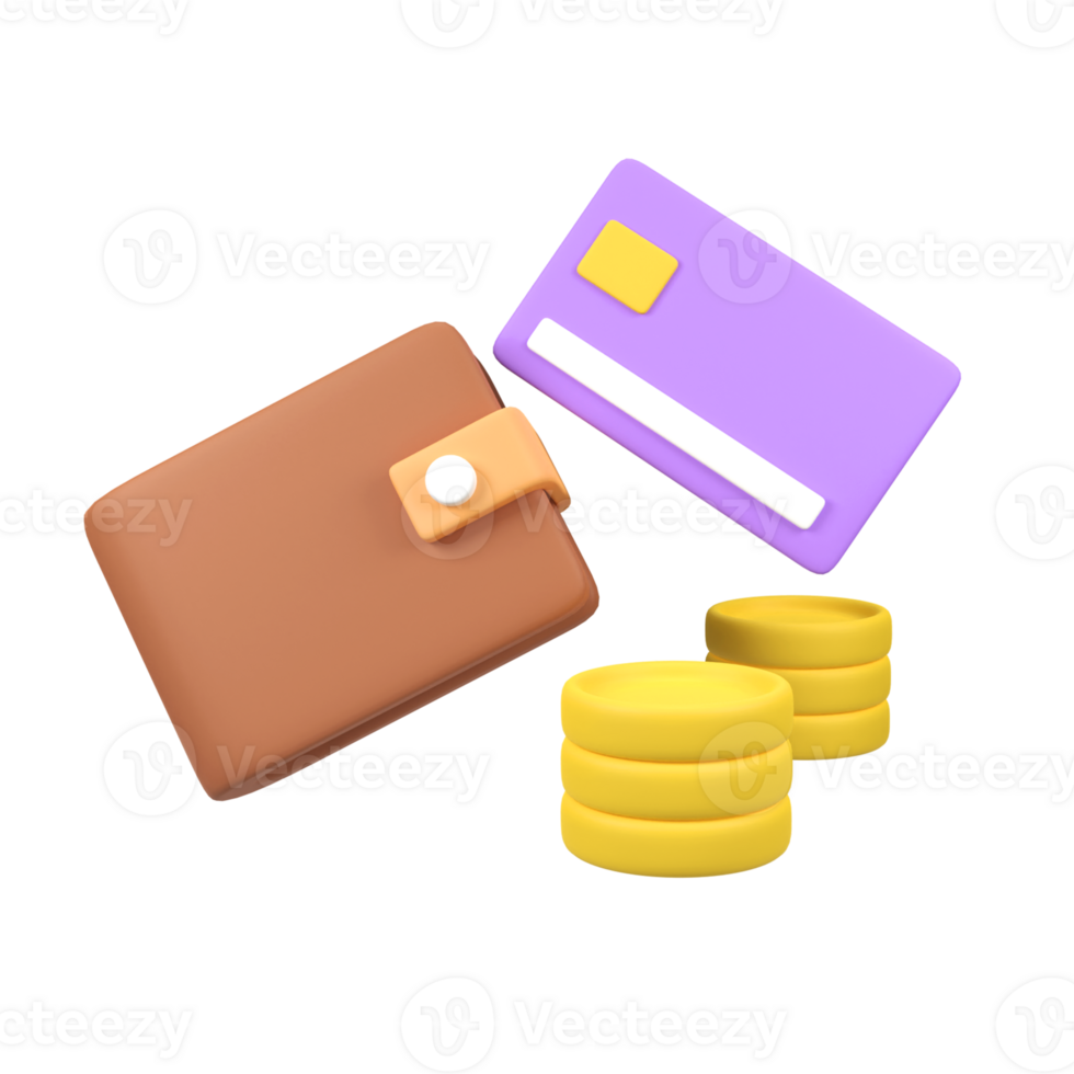 Wallet and credit card with coin isolated 3d render icon illustration png