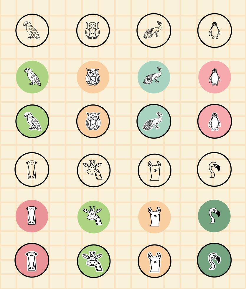 Illustrations of birds and animals in circles vector