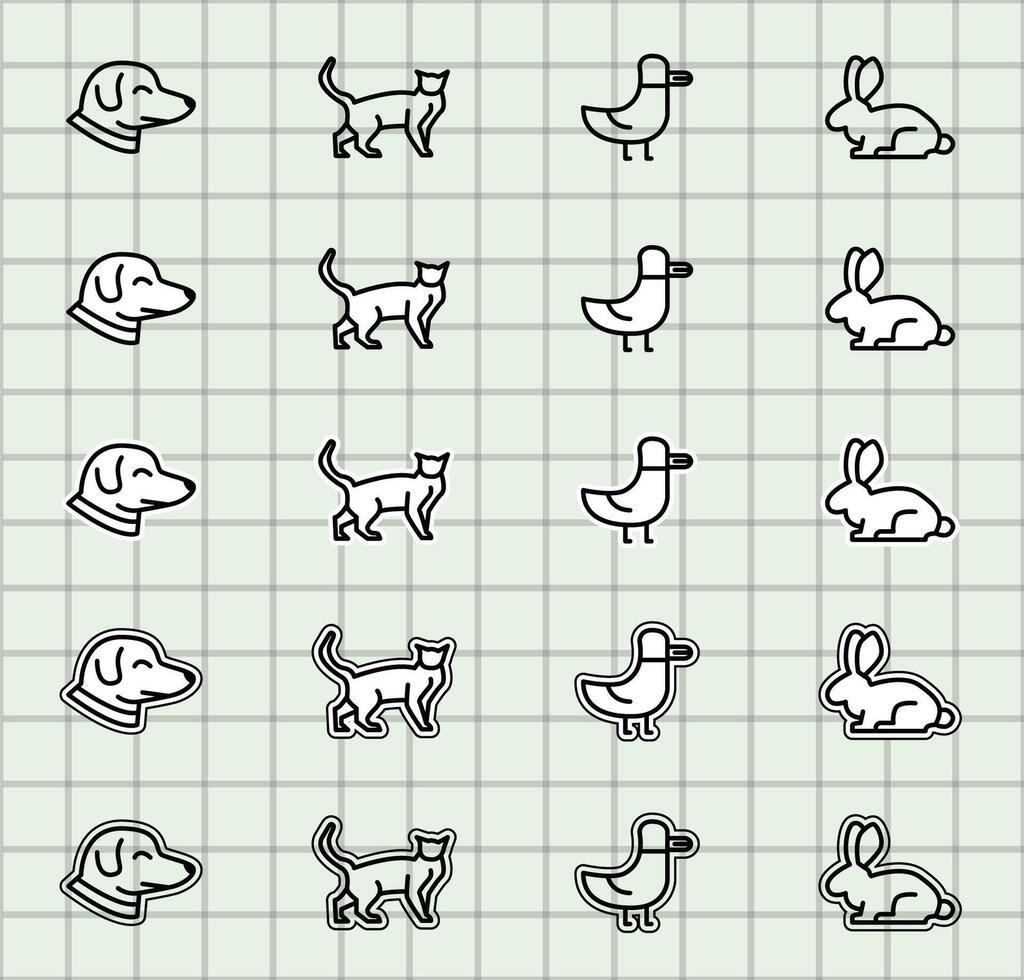 Cute line art of animals on grid vector