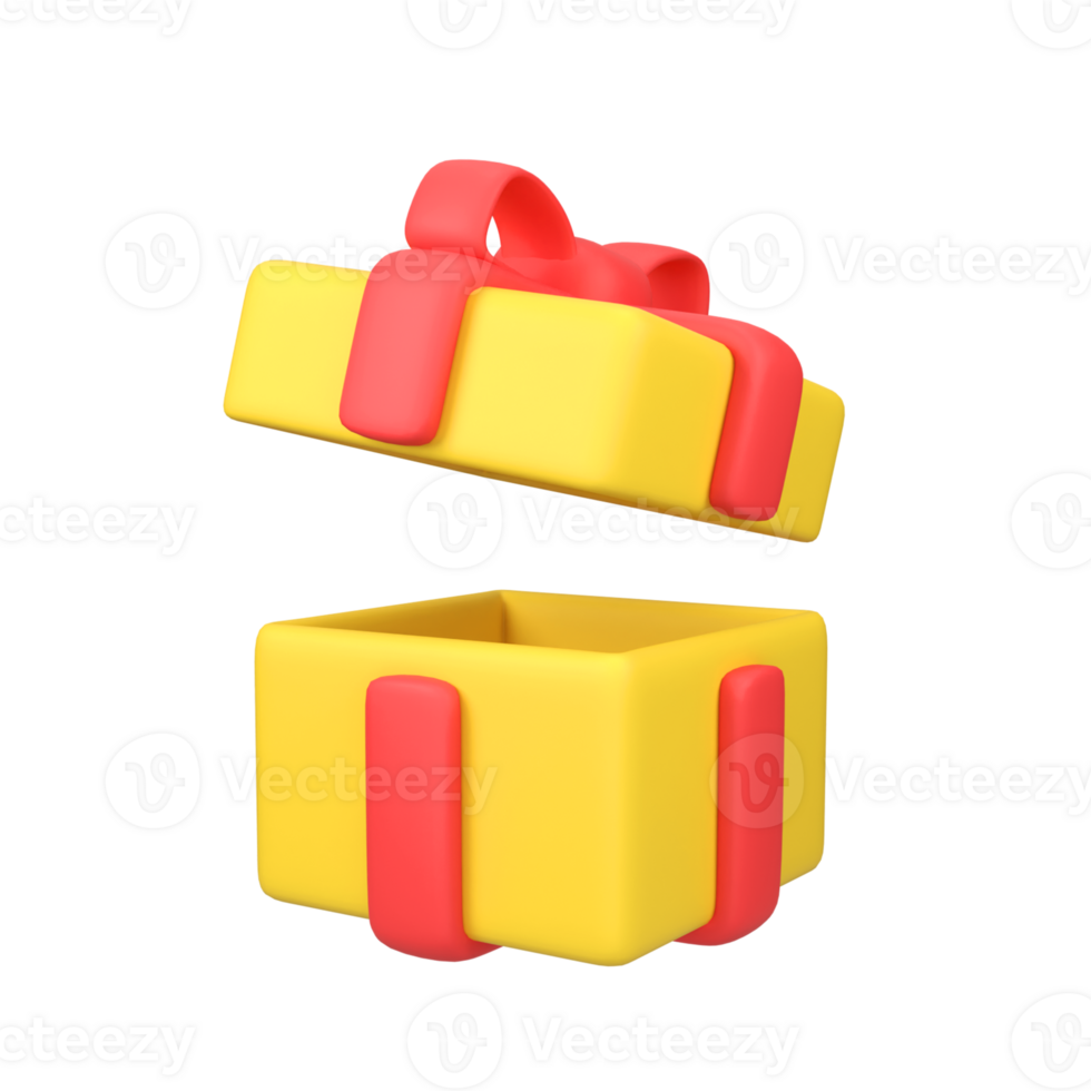 Open the yellow gift box with red ribbon isolated 3d render icon illustration png