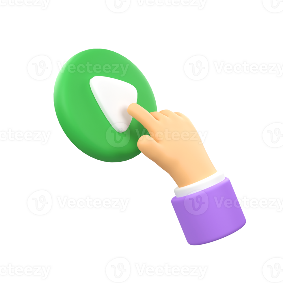Hand with play button isolated 3d render icon illustration png