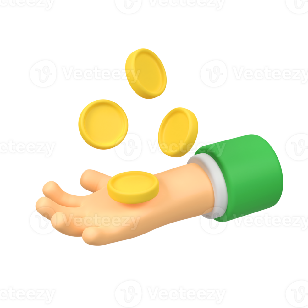 Hand with gold coins isolated 3d render icon illustration png
