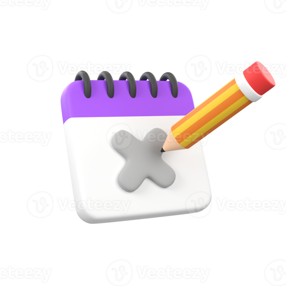 Calendar with cross symbol and pencil isolated 3d render icon illustration png