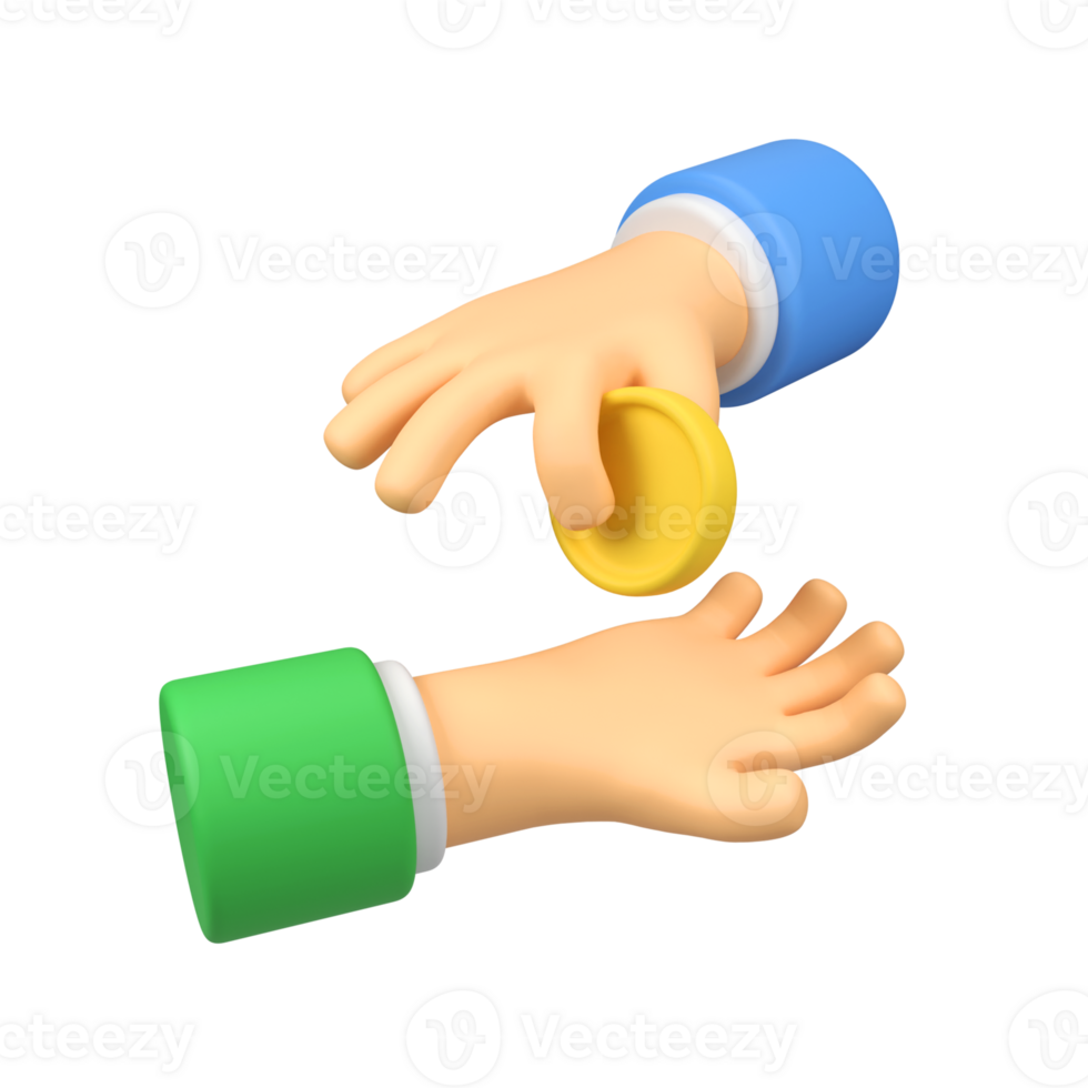 Hand giving golden coin isolated 3d render icon illustration png