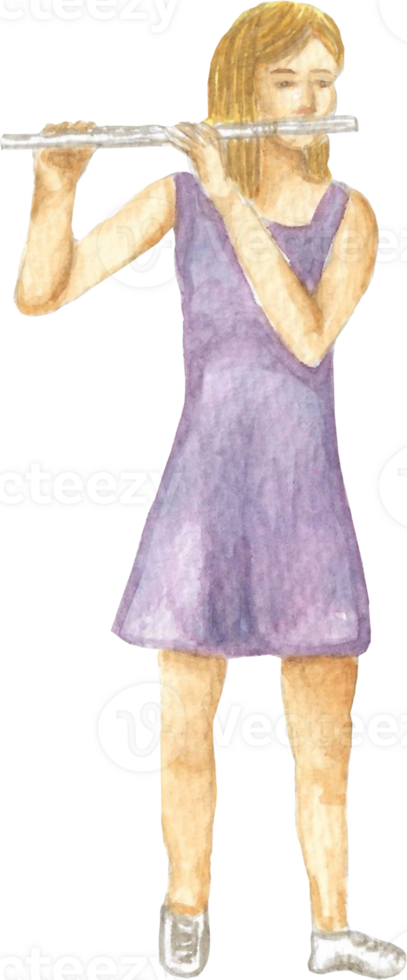 A Flute Girl is painted by hands with watercolor in real fine art style png