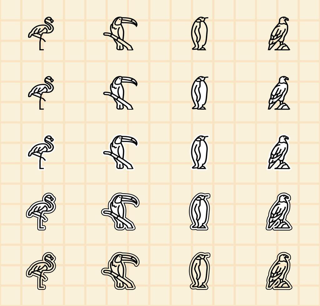 Bird line art illustrations in grid layout vector