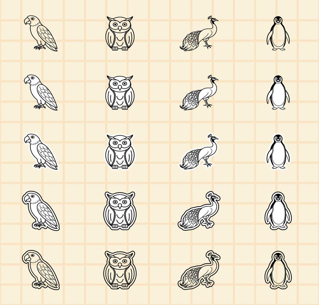 Illustrations of various bird types in grid vector