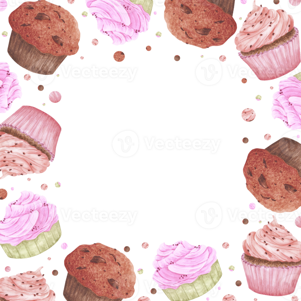 Hand drawn watercolor cupcakes and polka-dot frame border. Illustration of food. Can be used for postcard, album, scrapbook and other printed products. png