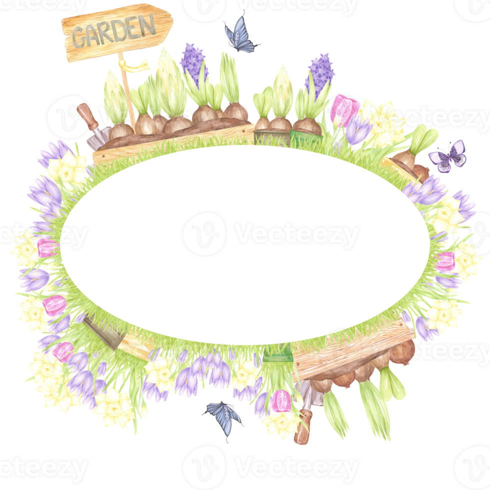 Hand drawn watercolor garden frame border with blooming flowers in boxes and butterflies isolated on no background. Can be used for postcard, label, scrapbook and other printed products png