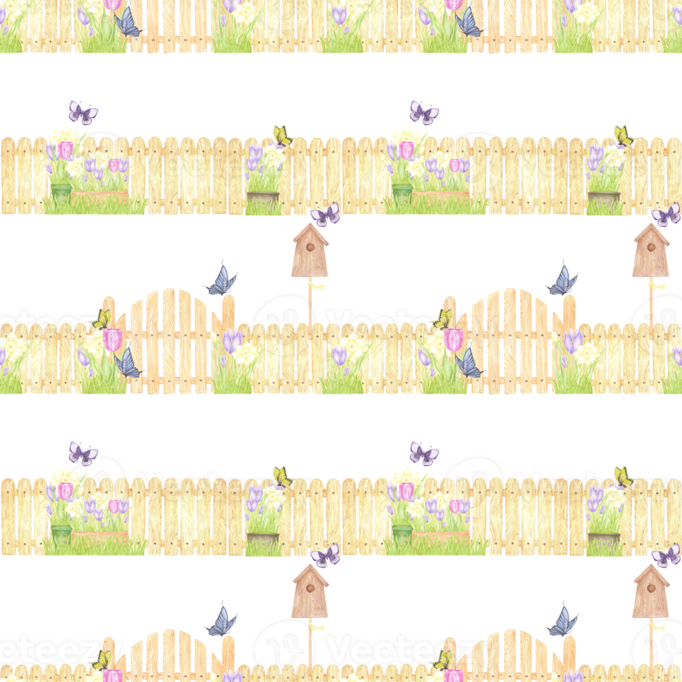 Hand drawn watercolor garden seamless pattern with fence flowers and butterflies isolated on no background. Can be used for textile, fabric, scrapbook and other printed products png