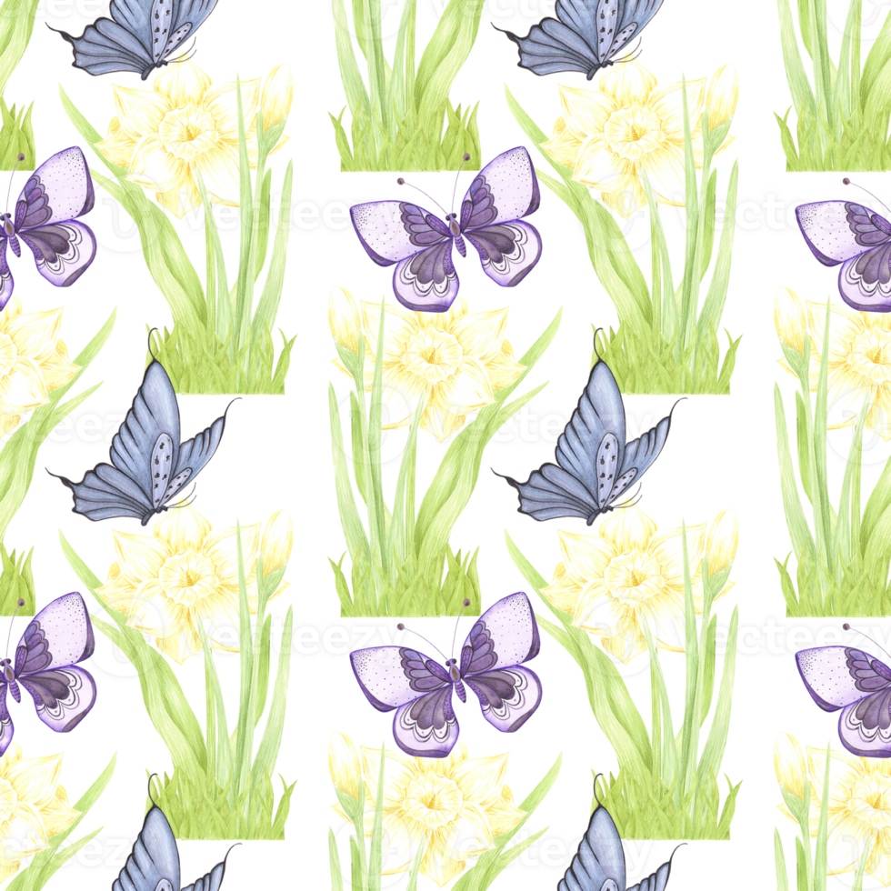 Hand drawn watercolor daffodil with green leaves with blue and purple butterflies seamless pattern isolated on no background. Can be used for textile, fabric, scrapbook and other printed products png