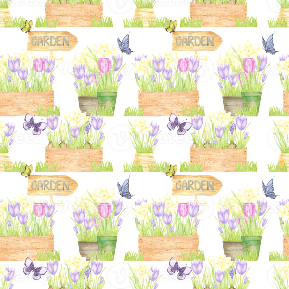 Hand drawn watercolor spring flowers in a pots and boxes with butterflies seamless pattern isolated on no background. Can be used for textile, fabric, scrapbook and other printed products png