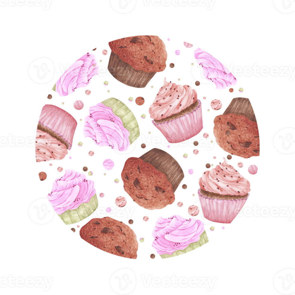 Hand drawn watercolor cupcakes and polka-dot round frame border. Illustration of food isolated on no background. Can be used for postcard, label, scrapbook and other printed products png