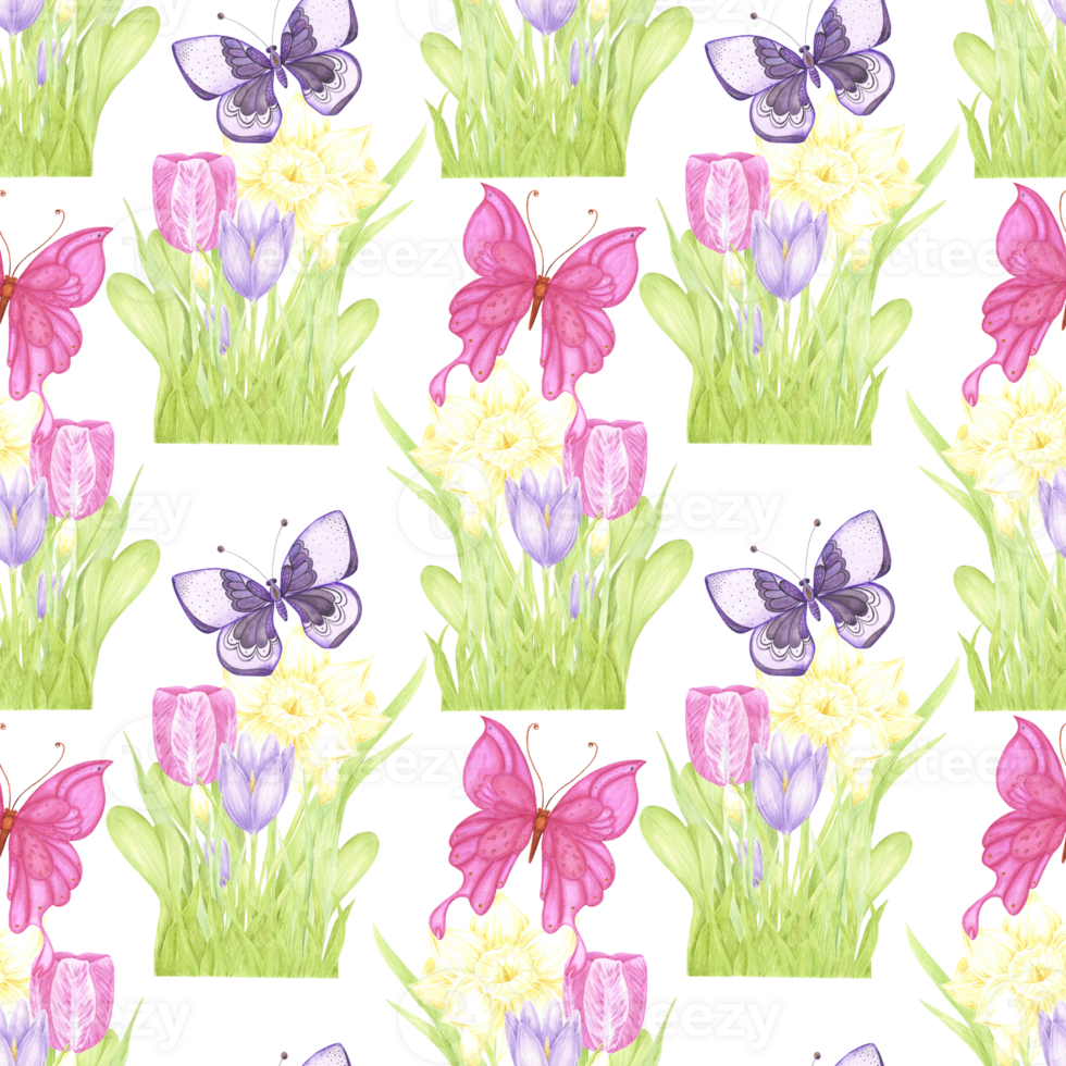 Hand drawn watercolor daffodil crocus and tulip bouquet with butterflies seamless pattern isolated on no background. Can be used for textile, fabric, scrapbook and other printed products png