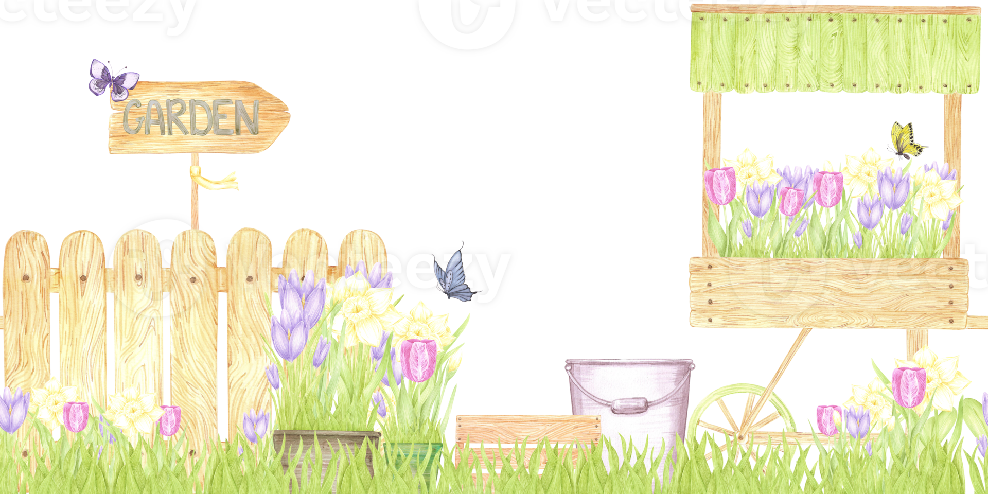 Hand drawn watercolor garden fence and cart with blooming flowers seamless border isolated on no background. Can be used for textile, postcard, scrapbook and other printed products png