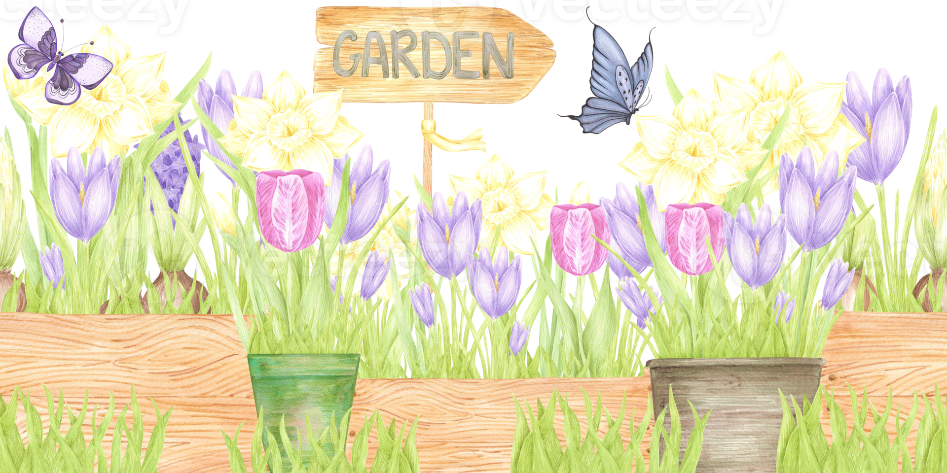 Hand drawn watercolor blooming flowers in pots and boxes seamless border isolated no background. Can be used for textile, postcard, scrapbook and other printed products png