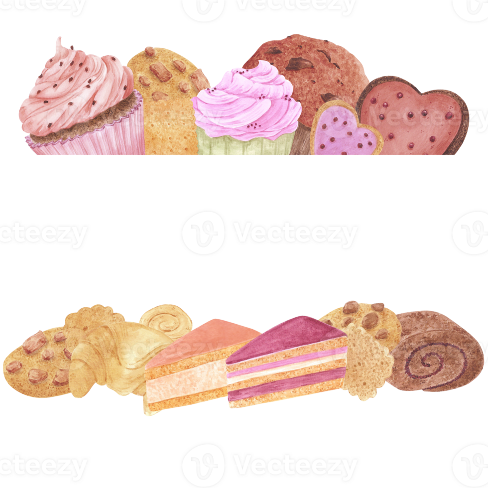 Hand drawn watercolor bakery frame border. Illustration of food. Can be used for postcard, album, scrapbook and other printed products png