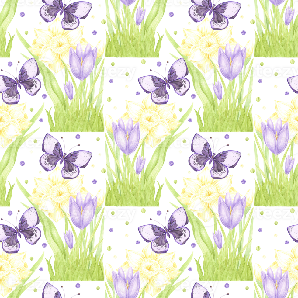 Hand drawn watercolor daffodil and crocus bouquet with butterfly and polka-dots seamless pattern isolated on no background. Can be used for textile, fabric, scrapbook and other printed products png
