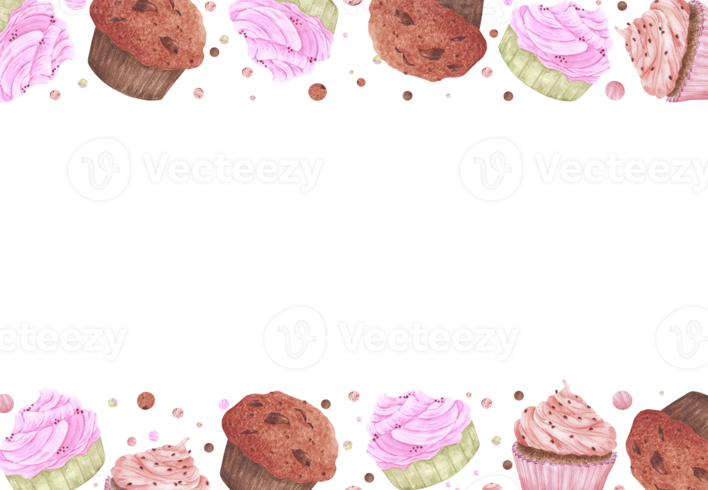 Hand drawn watercolor cupcakes and polka-dot frame border. Illustration of food isolated on no background. Can be used for postcard, album, scrapbook and other printed products png