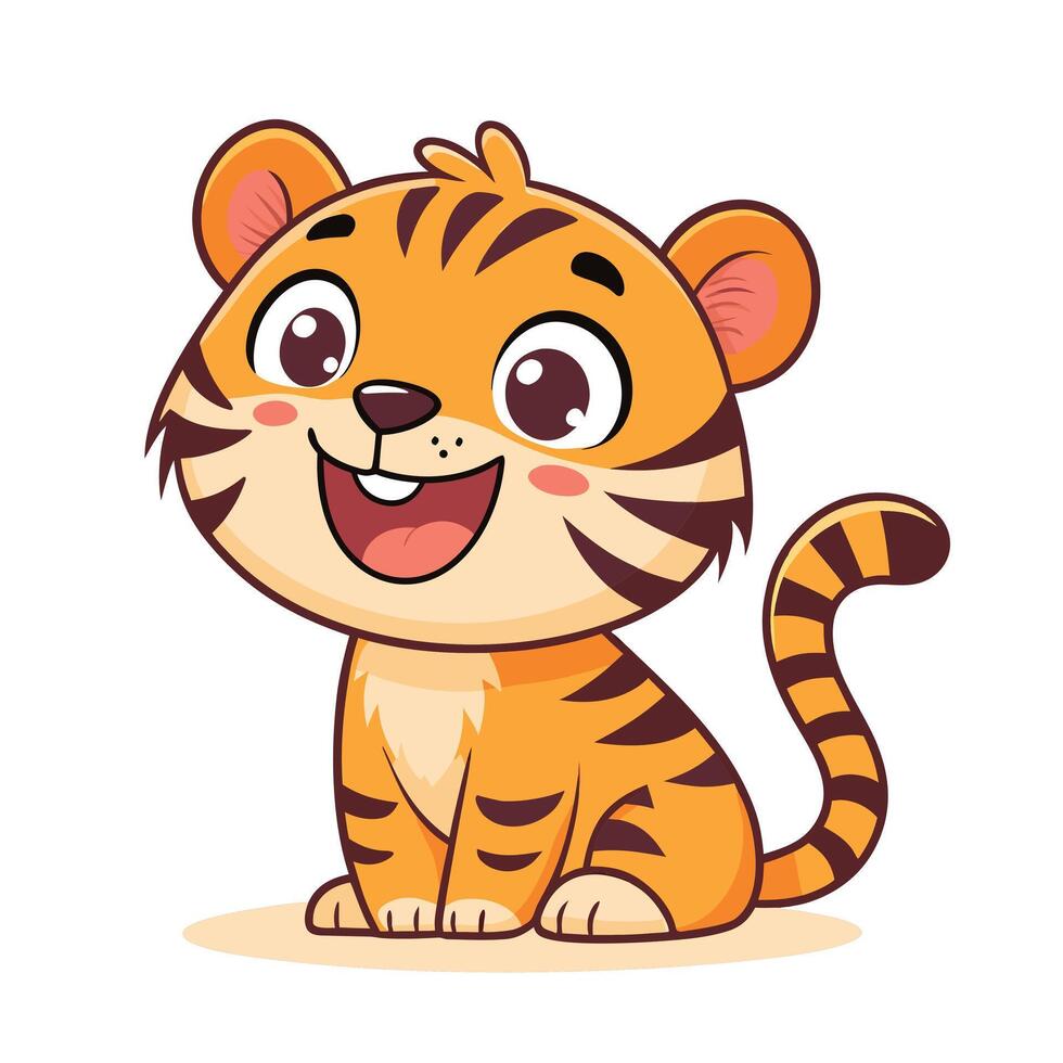 Adorable Happy Baby Tiger Cub Sitting Joyfully on White Background, Cheerful Cartoon Illustration - Professional digital artwork with vibrant colors and detailed composition vector