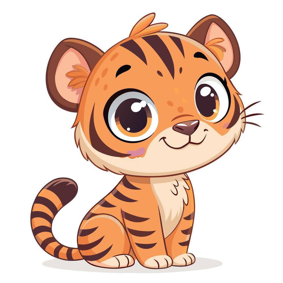 Adorable Baby Tiger Cub Sitting, Cute Cartoon Animal Illustration, Cheerful Mood, White Background - Professional digital artwork with vibrant colors and detailed composition vector