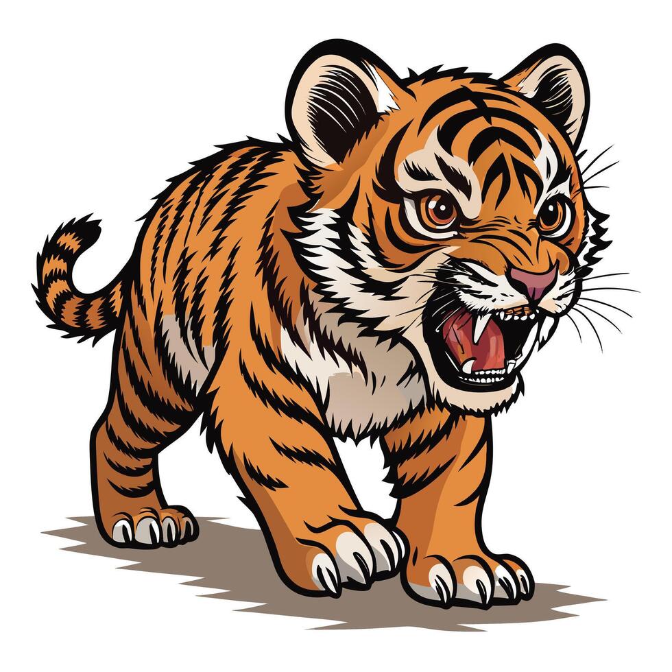 Fierce Baby Tiger Cub Roaring, Intricate Illustration, Wild Jungle Setting, Menacing Mood - Professional digital artwork with vibrant colors and detailed composition vector