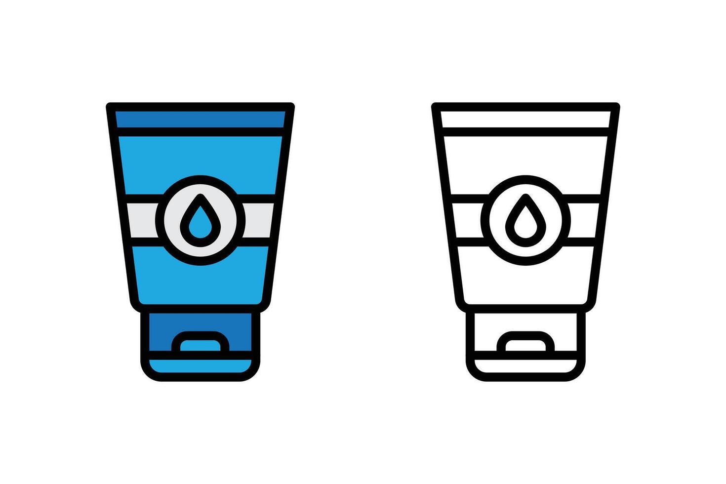 Flat and outline icon of a skincare beauty tube with a water drop symbol, representing hydration or moisturizer. Ideal for use in cosmetic product packaging design, beauty, health and wellness vector