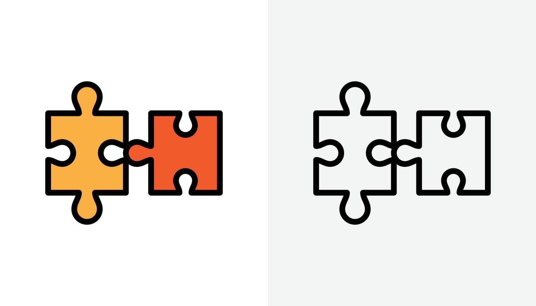 Two connected puzzle pieces in color and outline, suitable for teamwork, partnerships, and problem-solving concepts. Collaboration, connection, completion, matching, solutions graphic concept vector