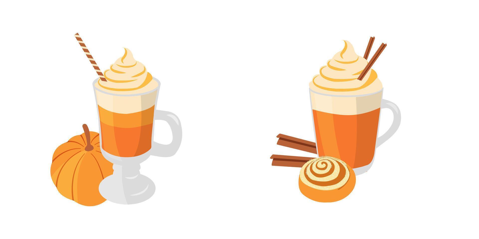 Seasonal fall flat pack with glasses of pumpkin spice latte, cinnamon sticks, waffle cones, pumpkin. Hand drawn set for social media posts. menu, banners vector