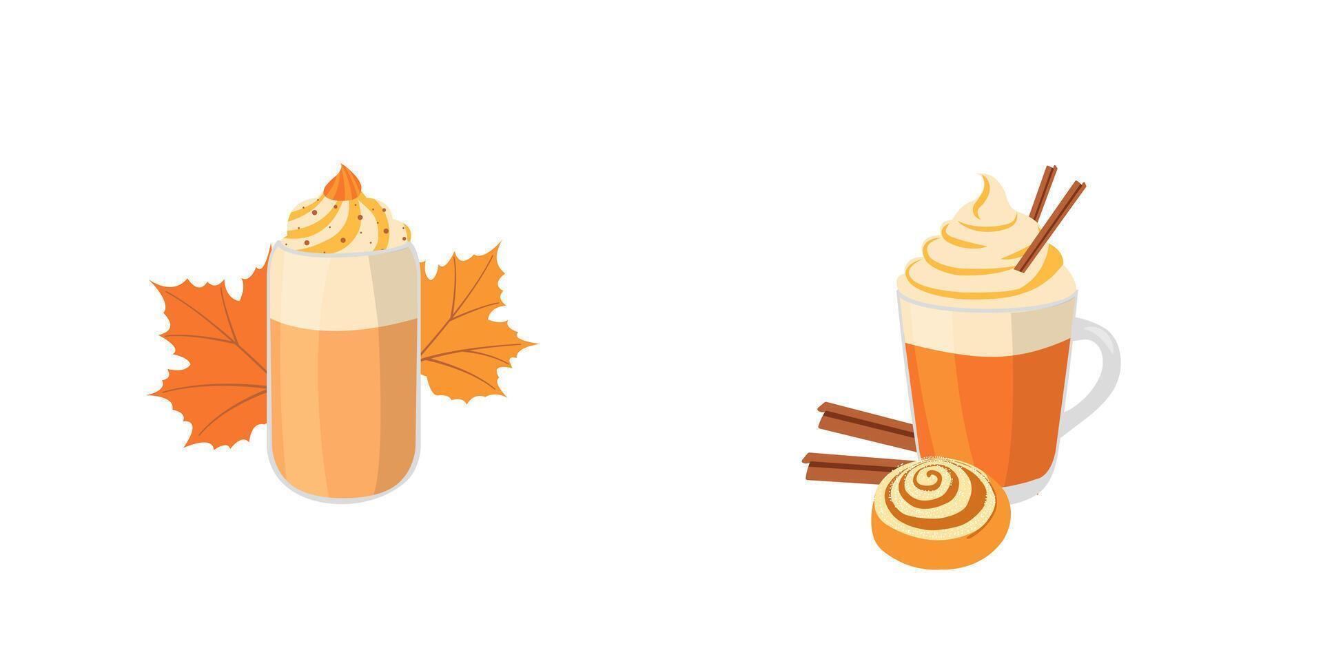Cozy autumn elements pack with glasses of pumpkin latte, leaves, cinnamon roll in flat style. Hand drawn set for digital use, menu for cafe vector