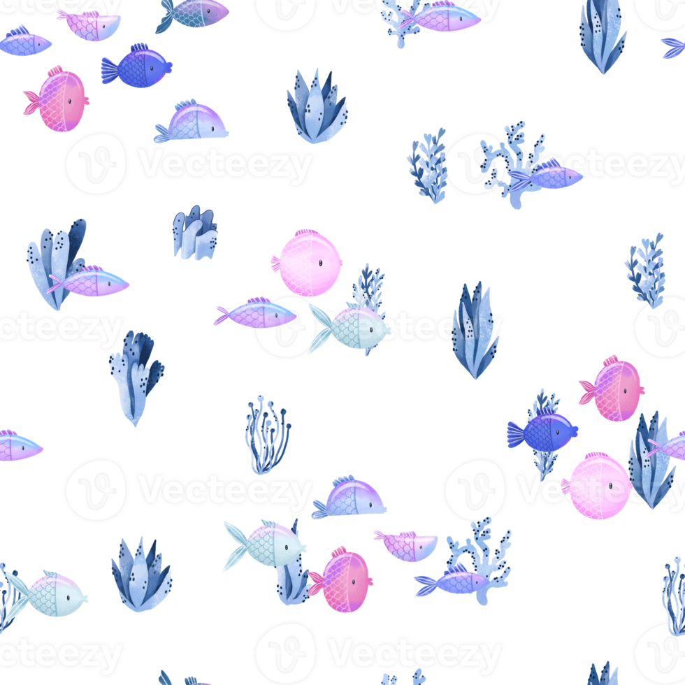 Underwater sea fish, blue algae. Deep water. Hand drawn marine seamless pattern. Oceania fauna. Cartoon print, background. Simple design png