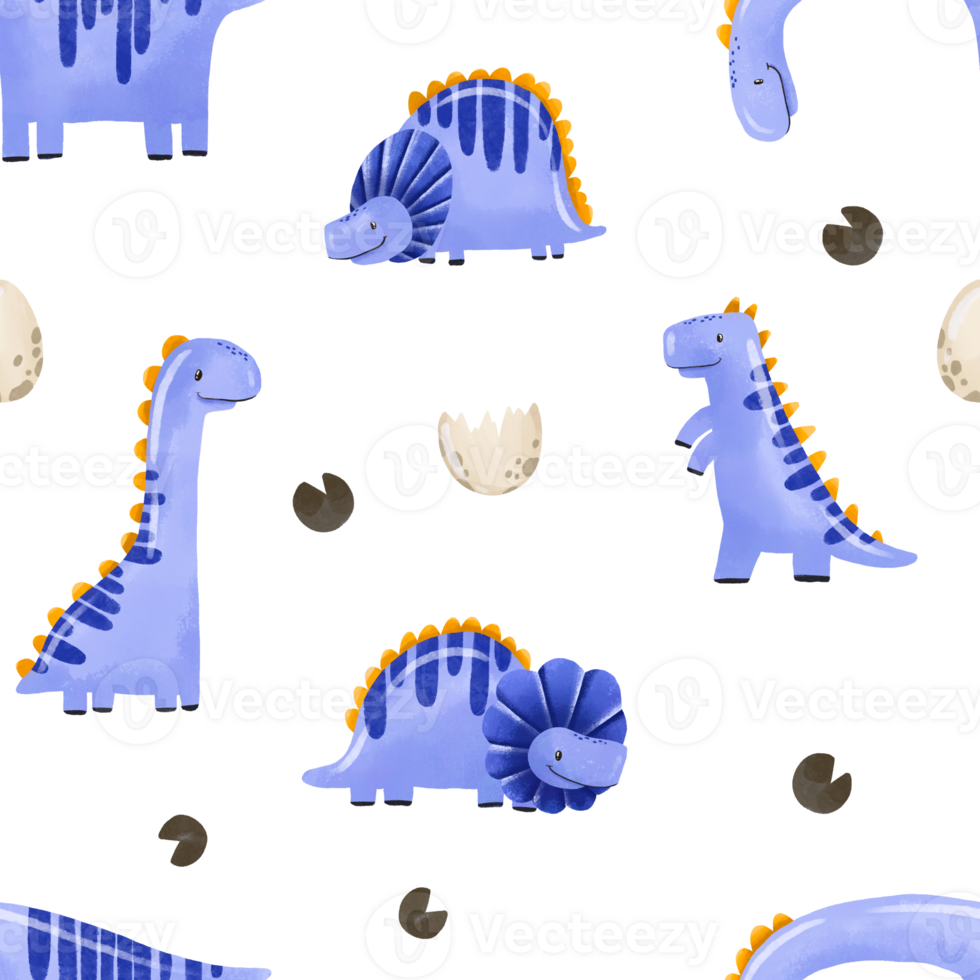 Seamless pattern Cartoon baby Blue dinosaur and eggs . Holiday. Dino hand drawn watercolor illustration on isolated background png