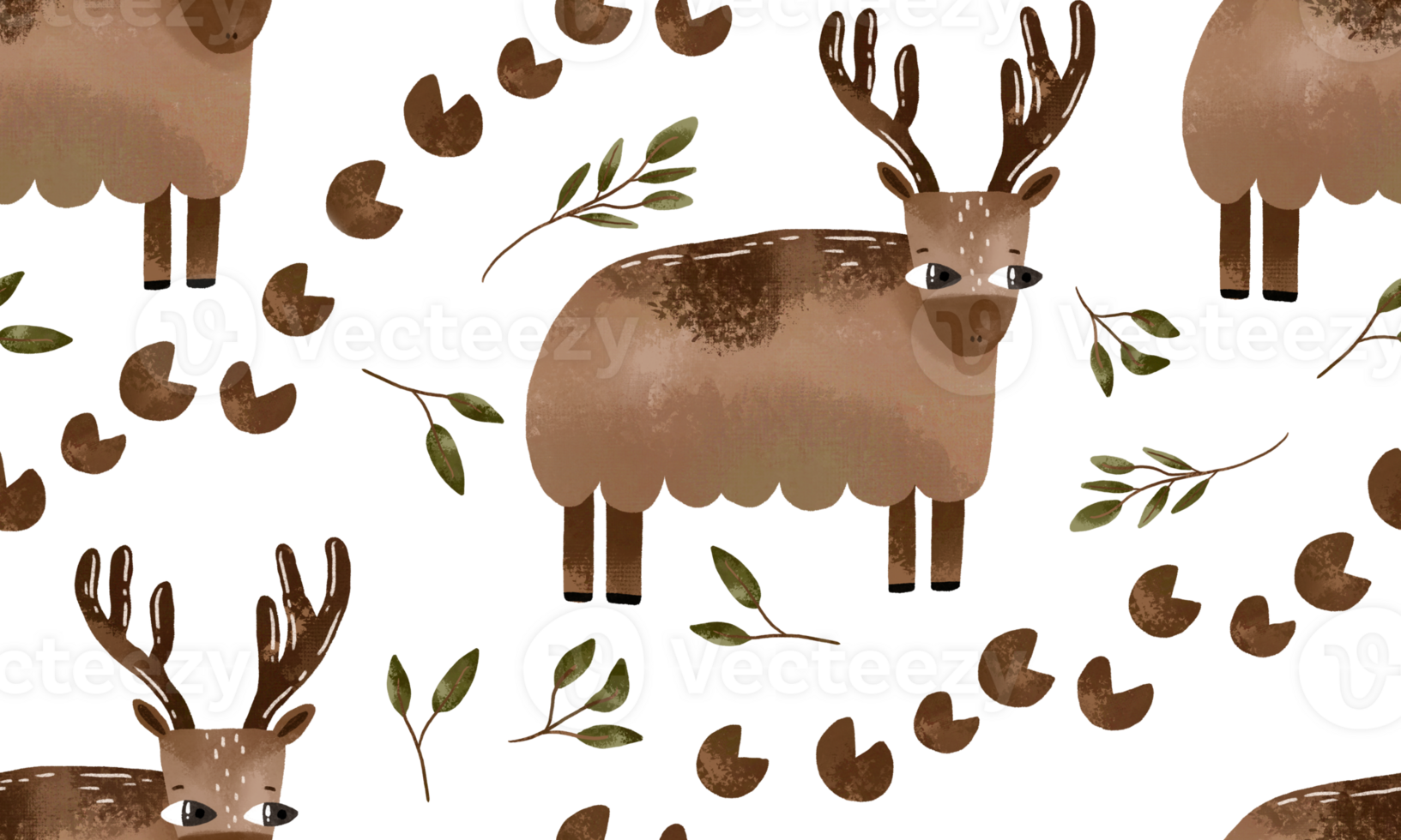Forest hand drawn watercolor seamless pattern with deer and pawprint png