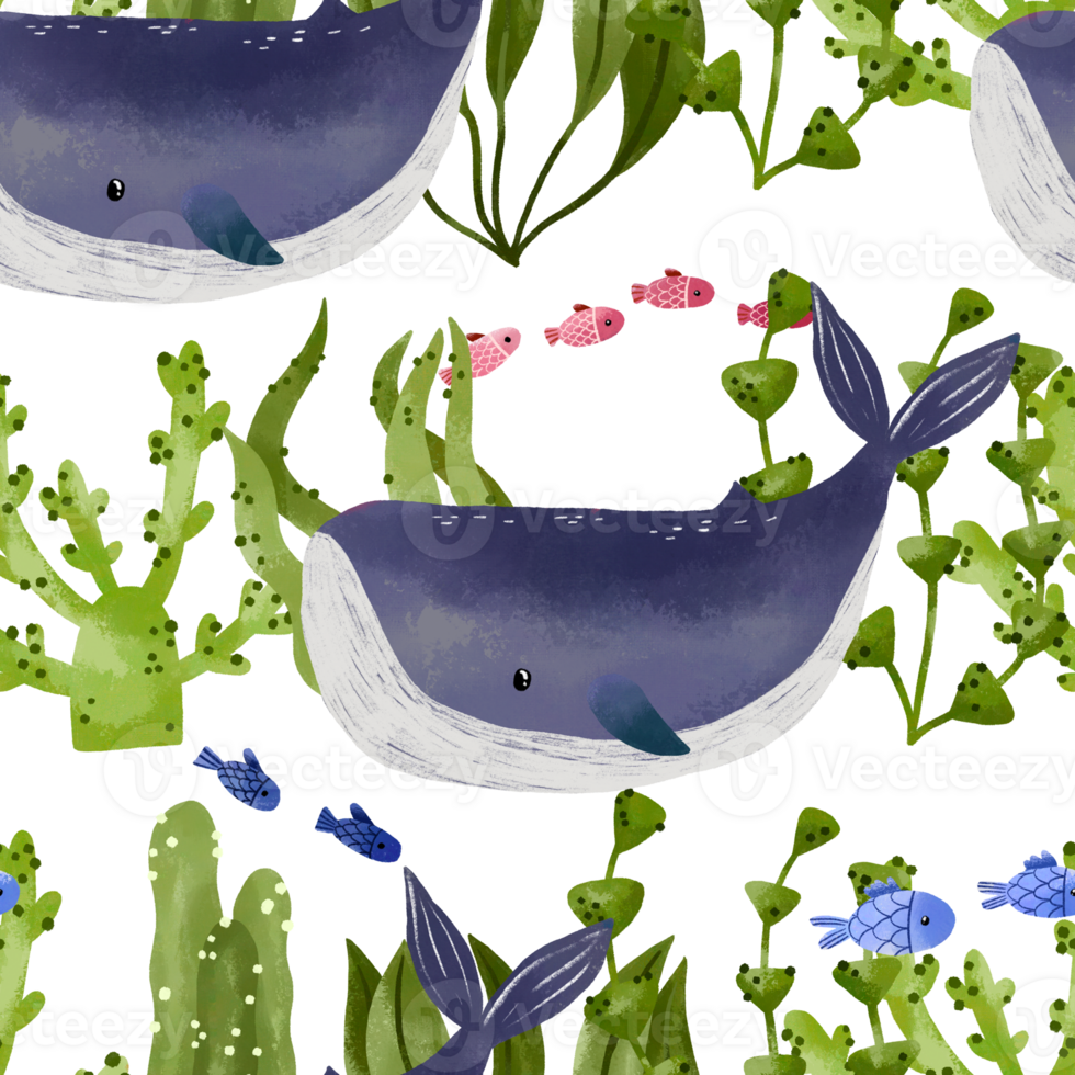 Hand drawn seamless pattern with cartoon blue whale, deep water. Ocean bottom. Oceania and sea flora and fauna. Baby design. Nature png