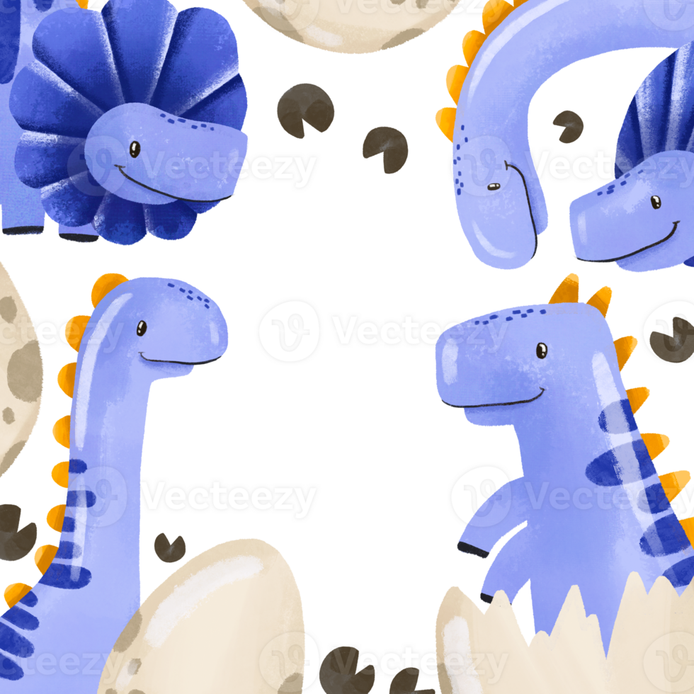 Cartoon baby long neck Blue dinosaurs square template for baby shower. Dino hand drawn watercolor illustration on isolated background png